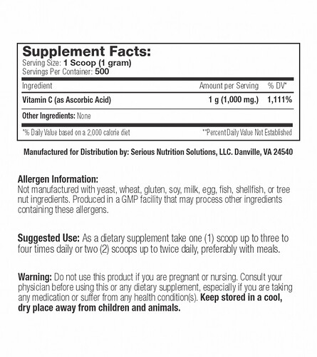 Vitamin C Powder Supplement Facts, Directions, etc.